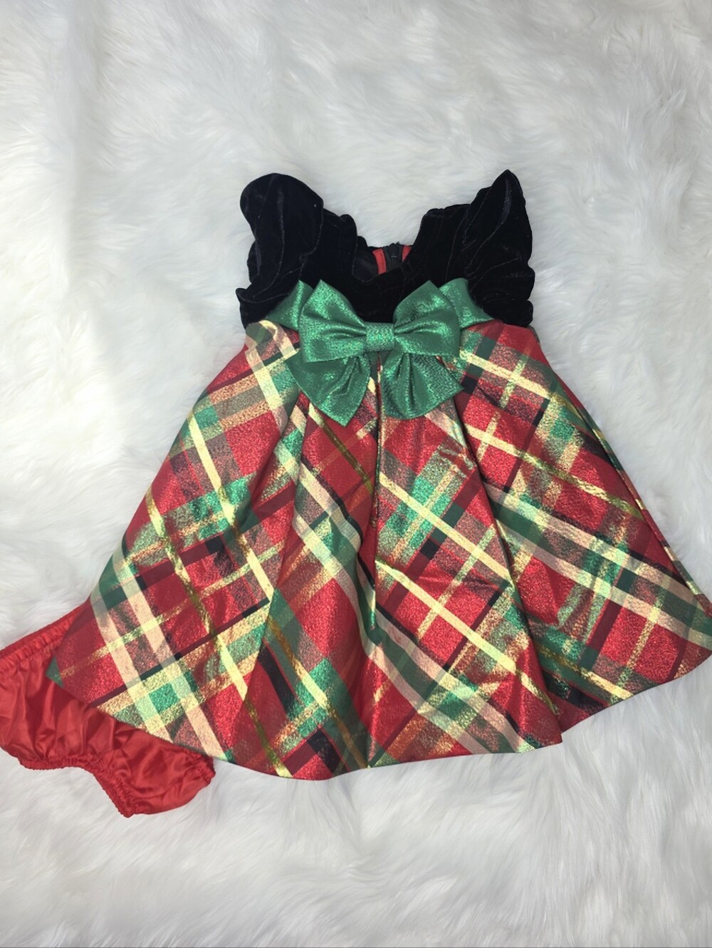 Bonnie Baby 6-9M Christmas Dress Set Red Green Plaid Velvet Holiday Party